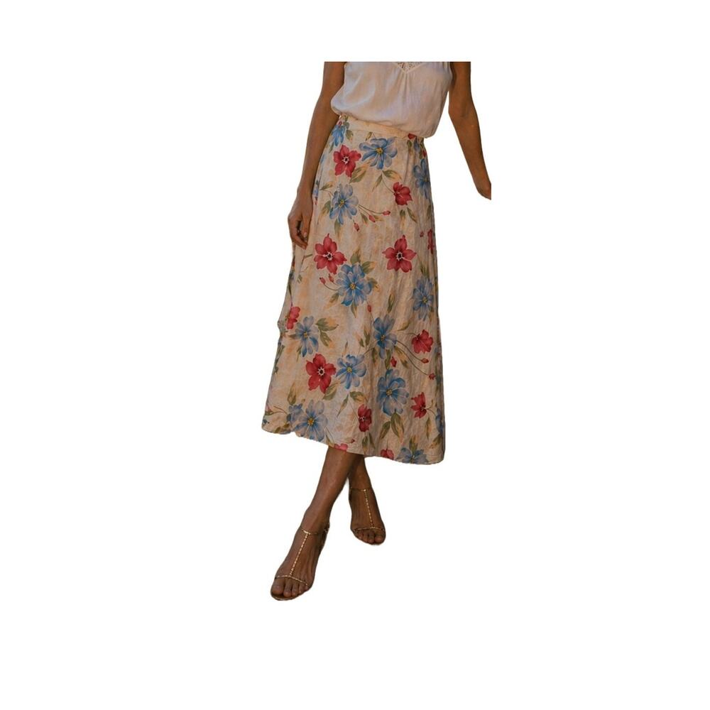 Vintage Harold's Floral Linen Midi Skirt Watercolor Garden Party USA Size 8